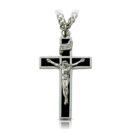 Sterling Silver Black Enameled Silver Border Crucifix Necklace