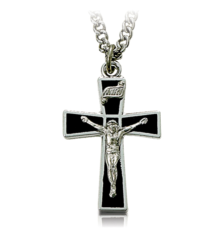 Sterling Silver Flared Ends Black Enameled Crucifix Necklace