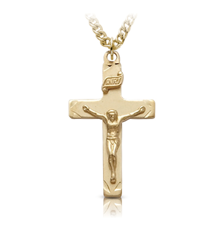 18K Gold Plated Over Sterling Silver Engraved Crucifix Necklace