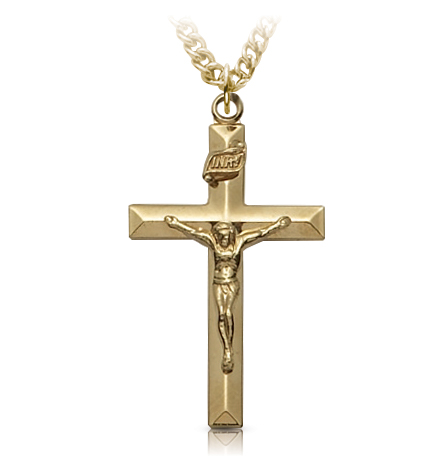 18K Gold Plated Over Sterling Silver Beveled Crucifix Necklace 