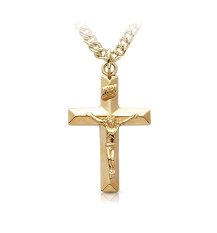 Gold Plated Over Sterling Silver Beveled Crucifix Necklace