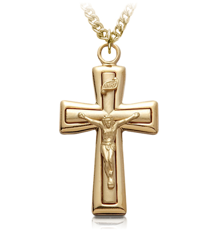 14K Gold Plated Over Sterling Silver Polished Edges Crucifix Necklace