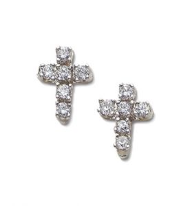 Sterling Silver Cross Earrings with Crystal Cubic Zirconia Stones - 3/8"