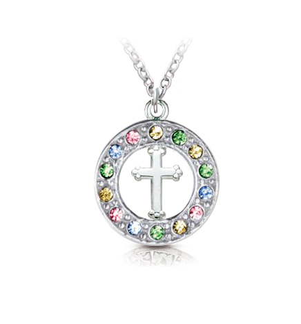 Sterling Silver Open Circle Cross with  Colored CZ Stones - 11/16"