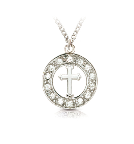 Sterling Silver Open Circle Cross with Cubic Zirconia Stones - 11/16"