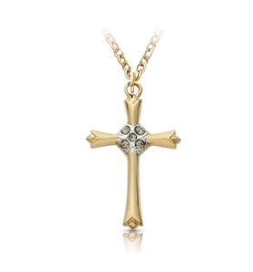 18K Gold Filled Budded Ends Cross Necklace with Cubic Zirconia Stones - 7/8"