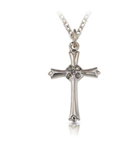 Sterling Silver Budded Ends Cross Necklace with CZ Stones - 7/8"