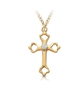 18K Gold Filled Open Ends Cross Necklace with Cubic Zirconia Stone - 7/8"