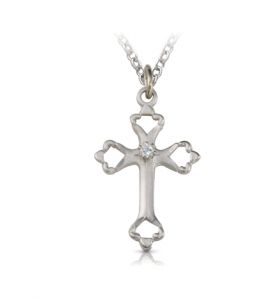 Sterling Silver Open Ends Cross Necklace with Cubic Zirconia Stone - 7/8"