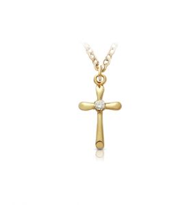 18K Gold Rounded Ends Cross Necklace with Cubic Zirconia Stone - 9/16"