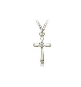 Sterling Silver Rounded Ends Cross Necklace with CZ Stone - 9/16"