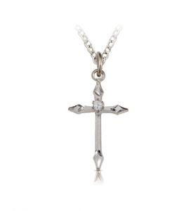 Sterling Silver Pointed Ends Cross  with CZ Stone - 13/16"