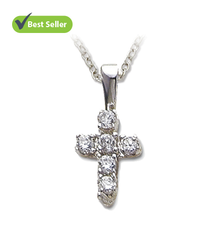 Sterling Silver Cross Necklace with Crystal Cubic Zirconia Stones - 5/8"