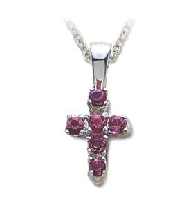 Sterling Silver Cross Necklace with Amethyst Cubic Zirconia Stones - 5/8"