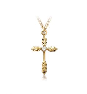 14K Gold Wheat Ends Cross Necklace with Cubic Zirconia Stone - 3/4"