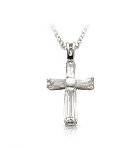 Sterling Silver Crystal Cubic Zirconia Baguette Cross Necklace - 15/16"