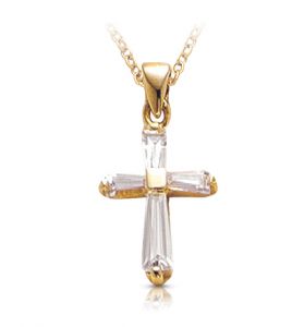 14K Gold Cubic Zirconia Baguette 
Cross Necklace - 3/4"