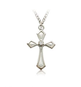 Sterling Silver Flared, Pointed Ends Cross with Cubic Zirconia Stone - 7/8"