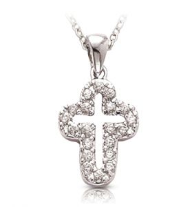 Sterling Silver Pierced Cross Necklace with Cubic Zirconia Stones - 5/8"