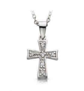 Sterling Silver Flared Cross with Crystal Cubic Zirconia Stones - 5/8"