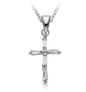 Sterling Silver Crystal Cubic Zirconia Baguette Stick Cross Necklace - 5/8"