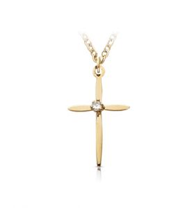 14K Gold Pointed Ends Cross with Cubic Zirconia Stone - 13/16"