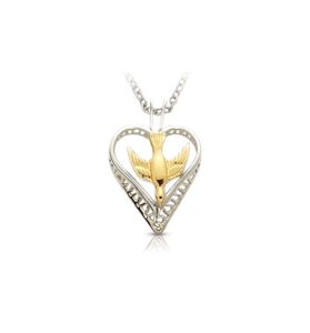 Sterling Silver Two-Tone Dove & Filigree Heart Necklace - 3/4"