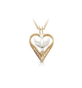 14K Gold Two-Tone Dove & Filigree Heart Necklace - 3/4"