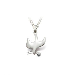 Sterling Silver Dove with Cubic Zirconia Crystal Stone in Olive Branch - 9/16"