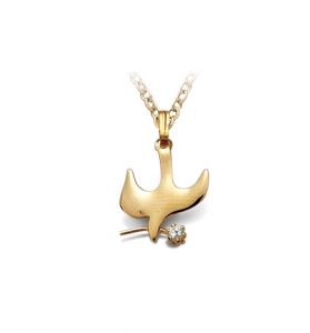 14K Gold Dove with Cubic Zirconia Crystal Stone in Olive Branch - 9/16"