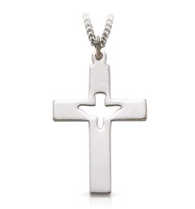 Sterling Silver Center Pierced Dove Cross Necklace - 1 3/8"