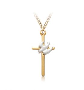 18K Gold Filled Two-Tone Dove on Cross Necklace - 7/8"