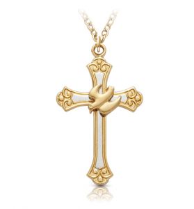 Two-Tone Dove and Budded Ends Cross Necklace - 1 1/8"