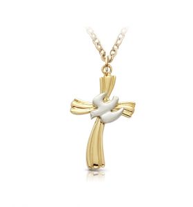 Two-Tone Silver Dove on Ribbon Cross Necklace - 13/16"