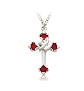 Sterling Silver and Enameled Budded Ends Dove and Cross Necklace- 7/8"