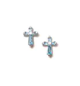 Sterling Silver Crystal March Birthstone  Cross Earrings - 3/8"