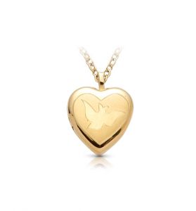 18K Gold Plated Over Sterling Silver Engraved Dove and Heart Locket Necklace - 11/16"