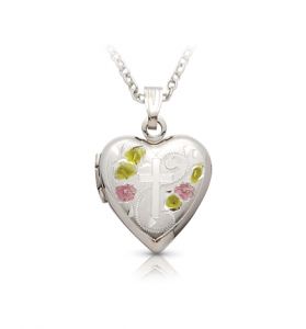 Sterling Silver and Enameled Rose with Cross on Heart Locket Necklace - 13/16"