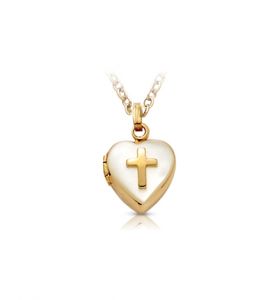 14K Gold Cross & Mother of Pearl Heart Locket - 15/16"