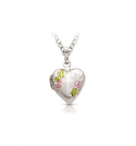 Sterling Silver Locket with Enameled Roses & Engraved Cross - 9/16"