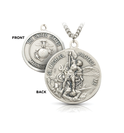 Nickel Silver Marine Corps Medal with St. Michael, Patron Saint of Military Personnel - 7/8"