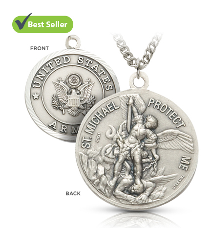 Sterling Silver Army Medal with St. Michael, Patron Saint of Military Personnel - 1 1/8"