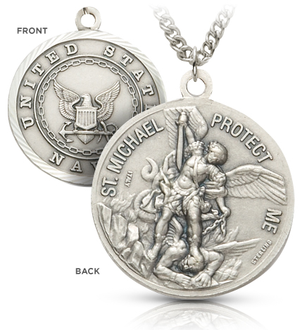 Sterling Silver Navy Medal with St. Michael, Patron Saint of Military Personnel - 1 1/8"