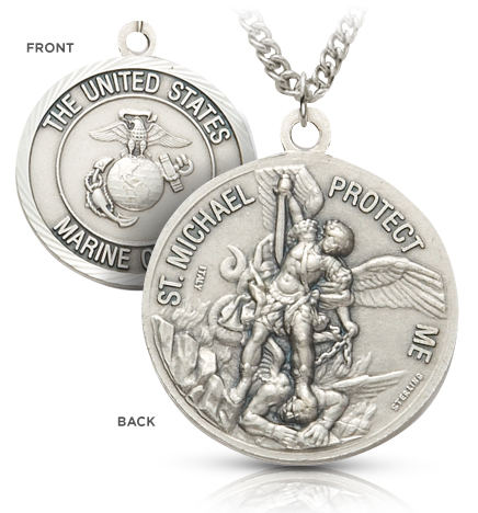 Sterling Silver Marine Corps Medal with St. Michael, Patron Saint of Military Personnel - 15/16"