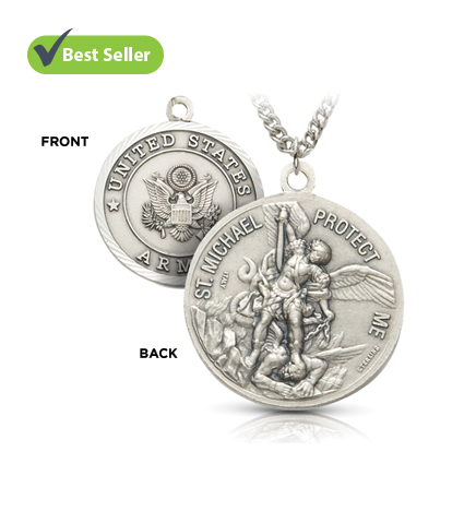 Sterling Silver Army Medal with St. Michael, Patron Saint of Military Personnel - 15/16"