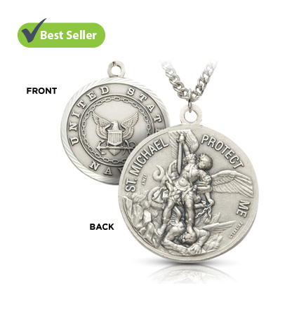 Sterling Silver Navy Medal with St. Michael, Patron Saint of Military Personnel - 15/16"