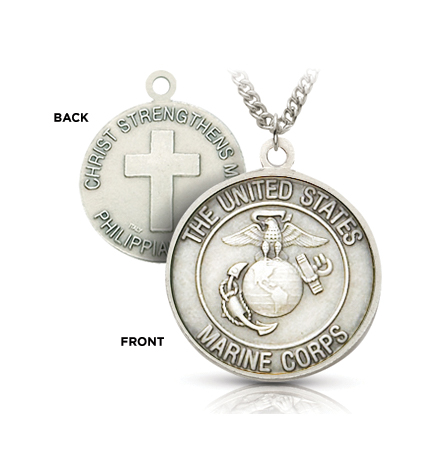 Sterling Silver Marine Corps Medal with Cross and Philippines 4:13 on the Back - 15/16"