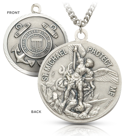 Sterling Silver Coast Guard Medal with St. Michael, Patron Saint of Military Personnel - 1 1/8"