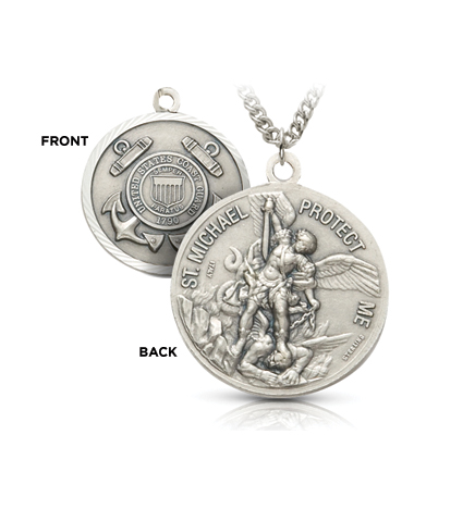 Sterling Silver Coast Guard Medal with St. Michael, Patron Saint of Military Personnel - 15/16"