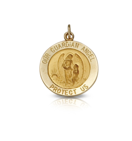 14K Gold Round Guardian 
Angel Medal - 1/2"